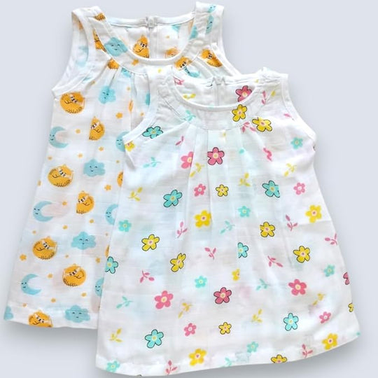 Baby Girl Cotton Muslin Frock - Cute Print ( Pack of 2 )