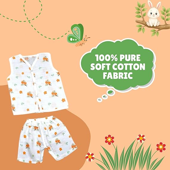 BUNNY&TORTOISE Kids Printed Co-ord Set Shorts & Matching T-Shirt | Muslin Cotton | Comfortable Summer Clothing for Boys & Girls