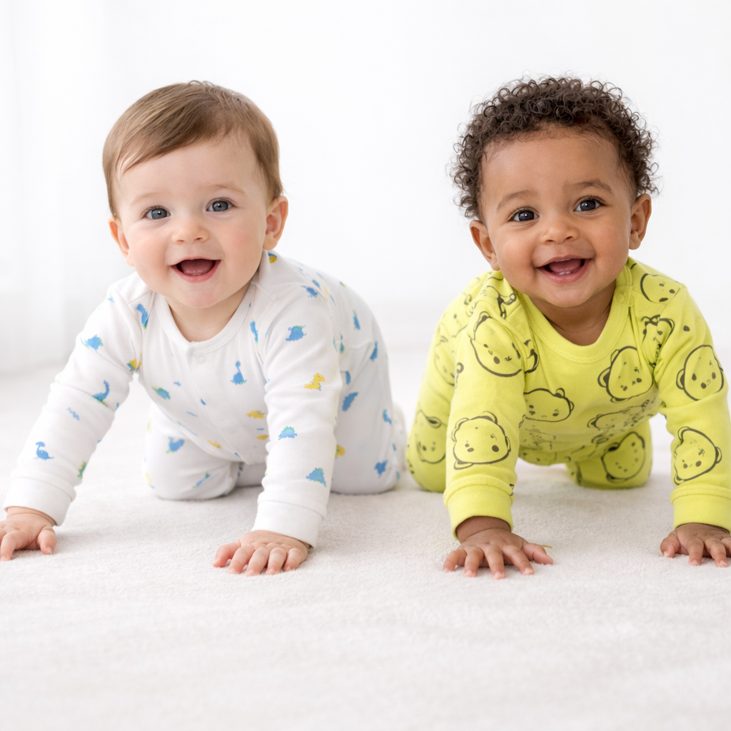 Organic Cotton Unisex Footed Baby Romper- Pack of 2 (Dinosaur & Cartoon)