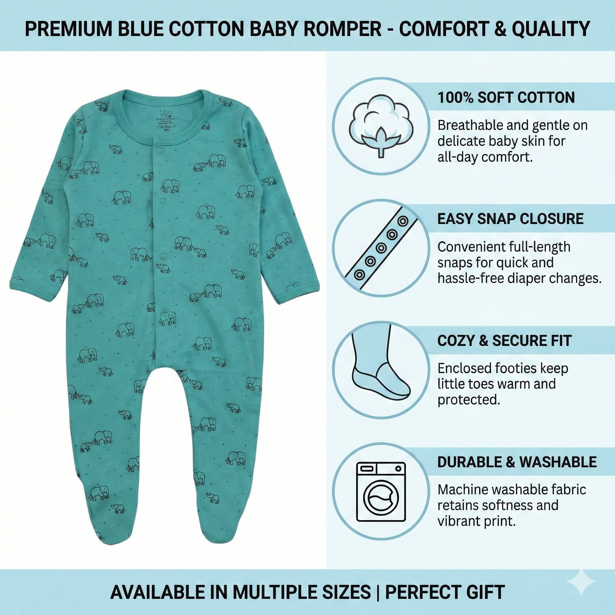 Organic Cotton Unisex Footed Baby Romper- Pack of 2 (Elephant & Cartoon)