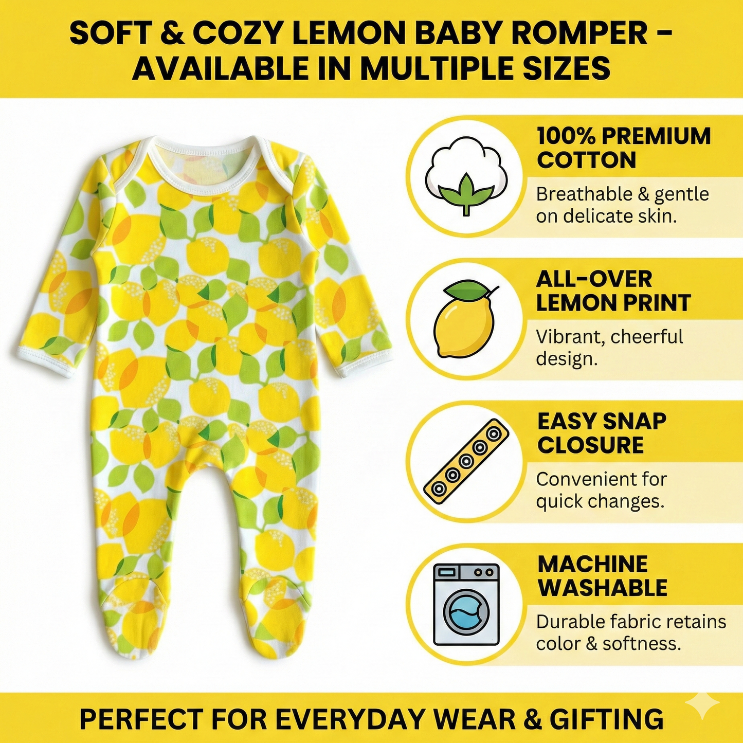 Organic Cotton Unisex Footed Baby Romper (Color - Lemon)