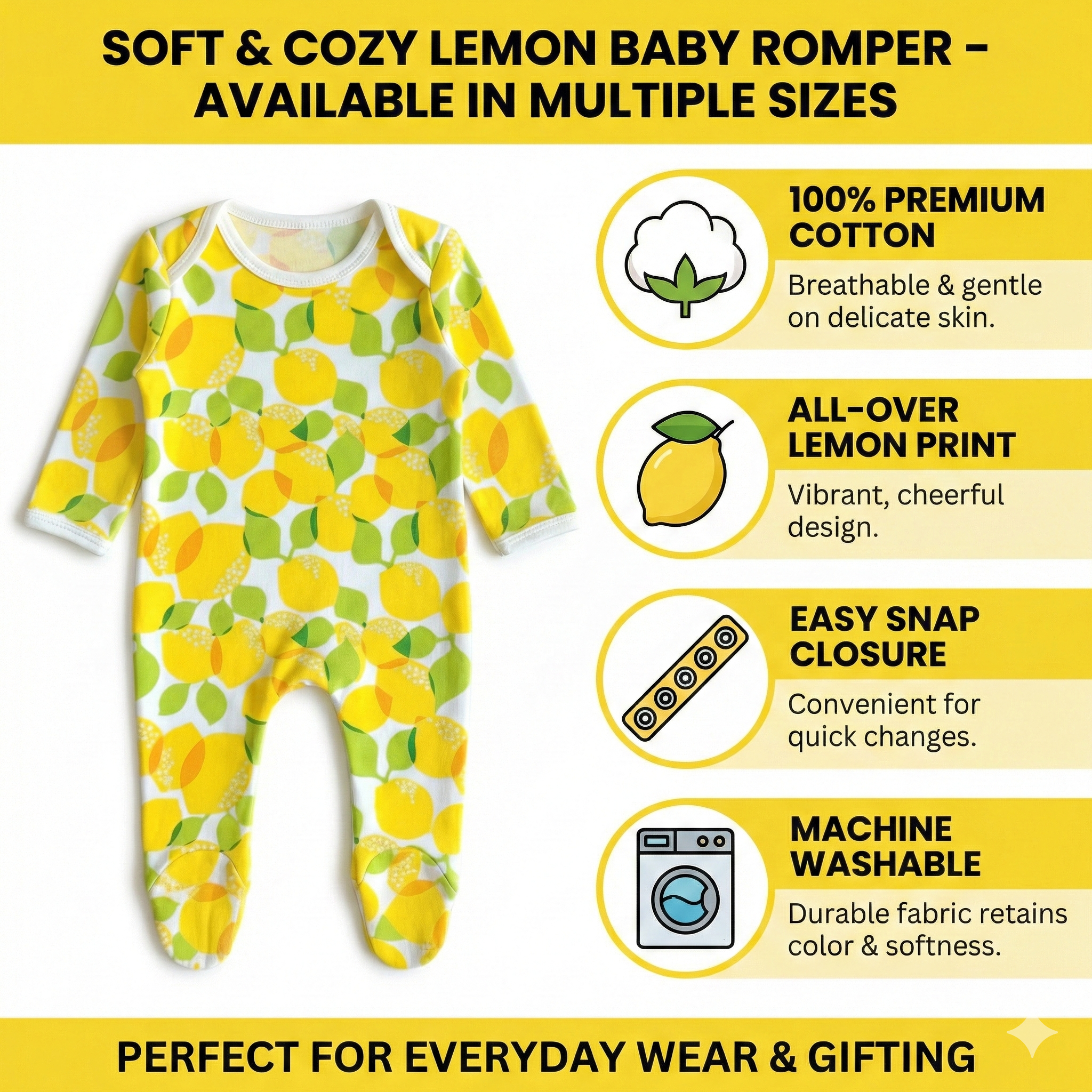 Organic Cotton Unisex Footed Baby Romper (Color - Lemon)