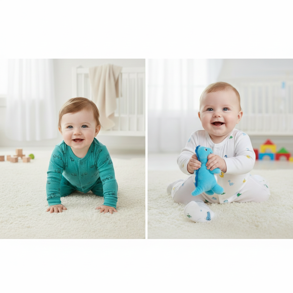 Organic Cotton Unisex Footed Baby Romper- Pack of 2 (Blue & White)