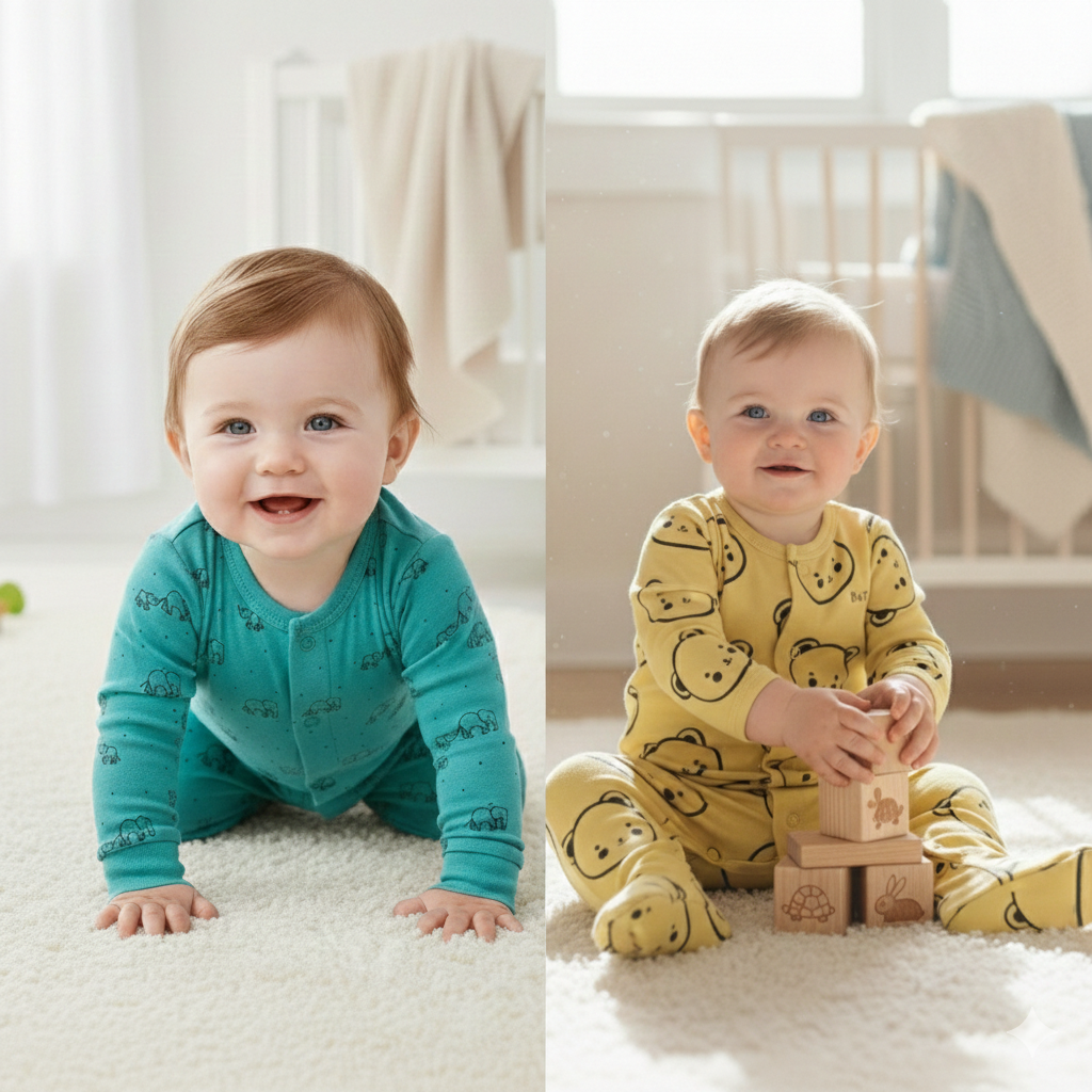 Organic Cotton Unisex Footed Baby Romper- Pack of 2 (Assorted Print)