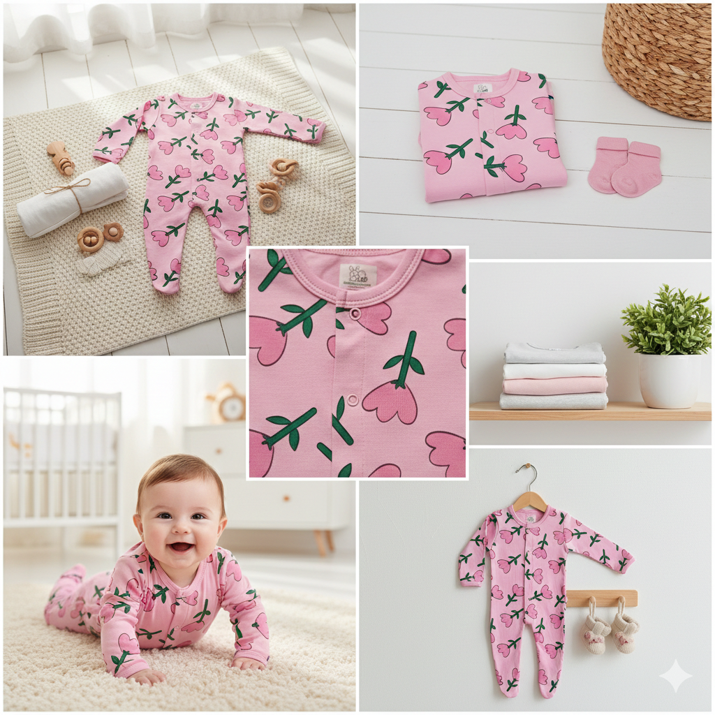 Organic Cotton Baby Girl Footed Baby Romper (Color - Pink Rose)