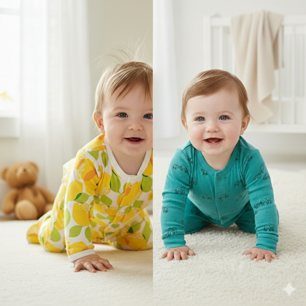 Organic Cotton Unisex Footed Baby Romper- Pack of 2 (Assorted Print)