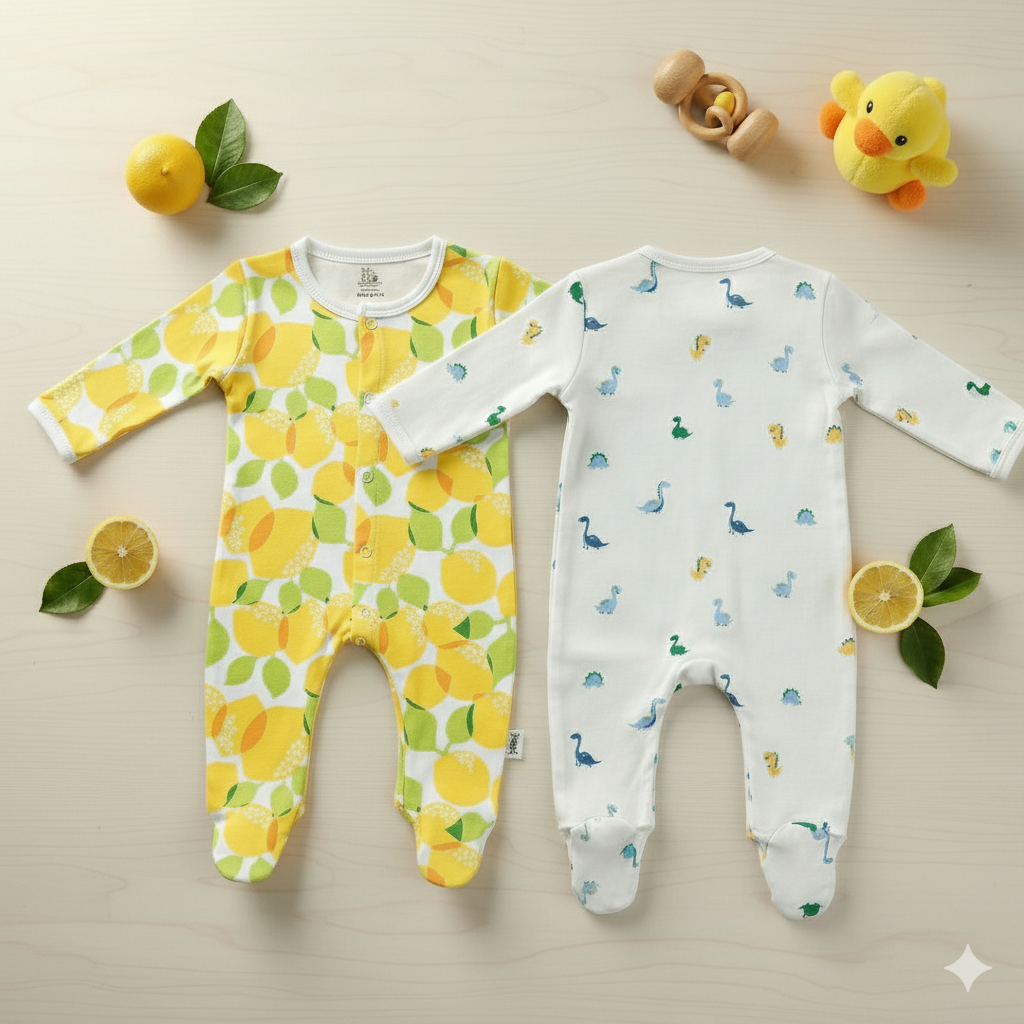 Organic Cotton Unisex Footed Baby Romper- Pack of 2 (White & Lemon)