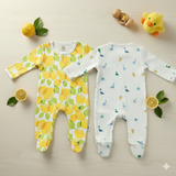 Organic Cotton Unisex Footed Baby Romper- Pack of 2 (White & Lemon)