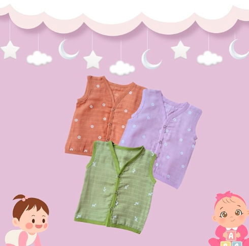 Muslin Cotton Printed Jhablas Kids Vest ( Pack of 3 )