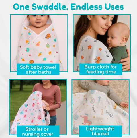 100% Cotton Muslin Baby Swaddle Set ( Pack of 4 )