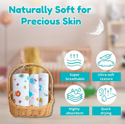100% Cotton Muslin Baby Swaddle Set ( Pack of 4 )