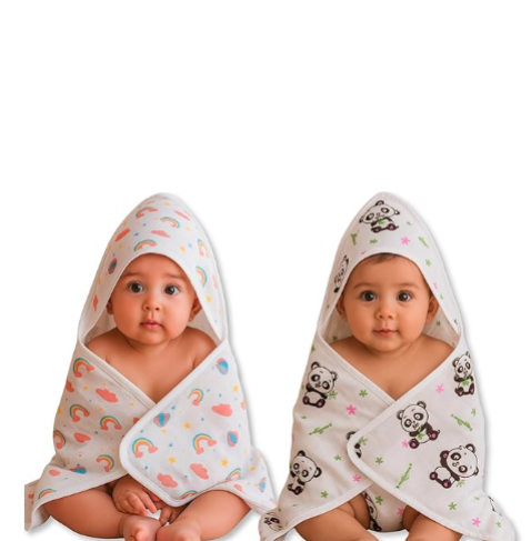 Muslin Cotton Hooded Baby Bath Towel ( Pack of 2 )