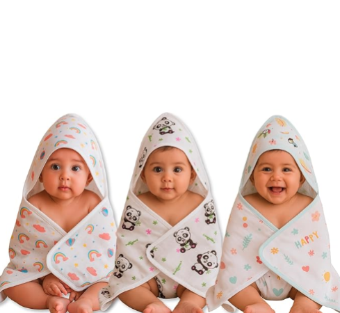 Muslin Cotton Hooded Baby Bath Towel ( Pack of 3 )