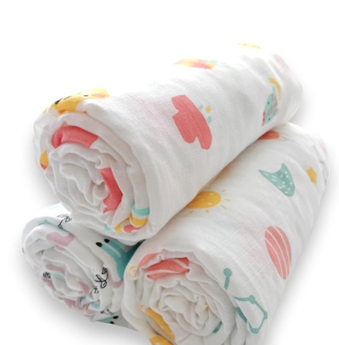 100% Cotton Muslin Baby Swaddle Set ( Pack of 3 )
