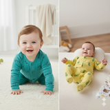 Two babies wearing colorful romper in a home setting.