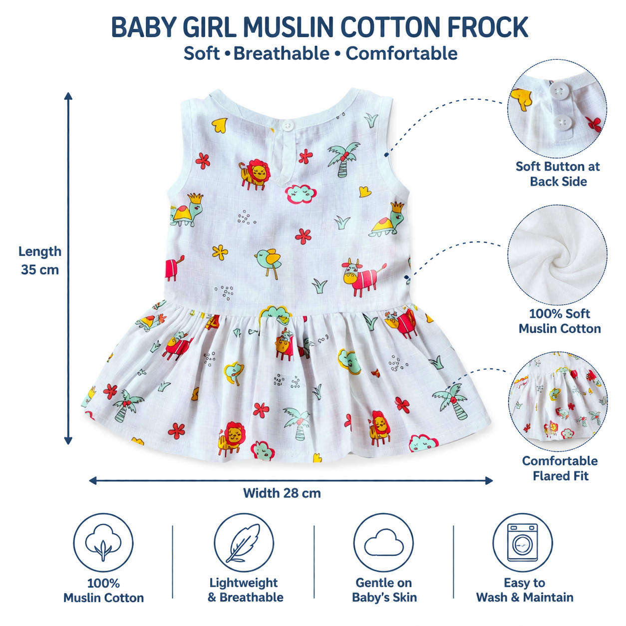 Muslin Cotton Button Frock for Baby Girls