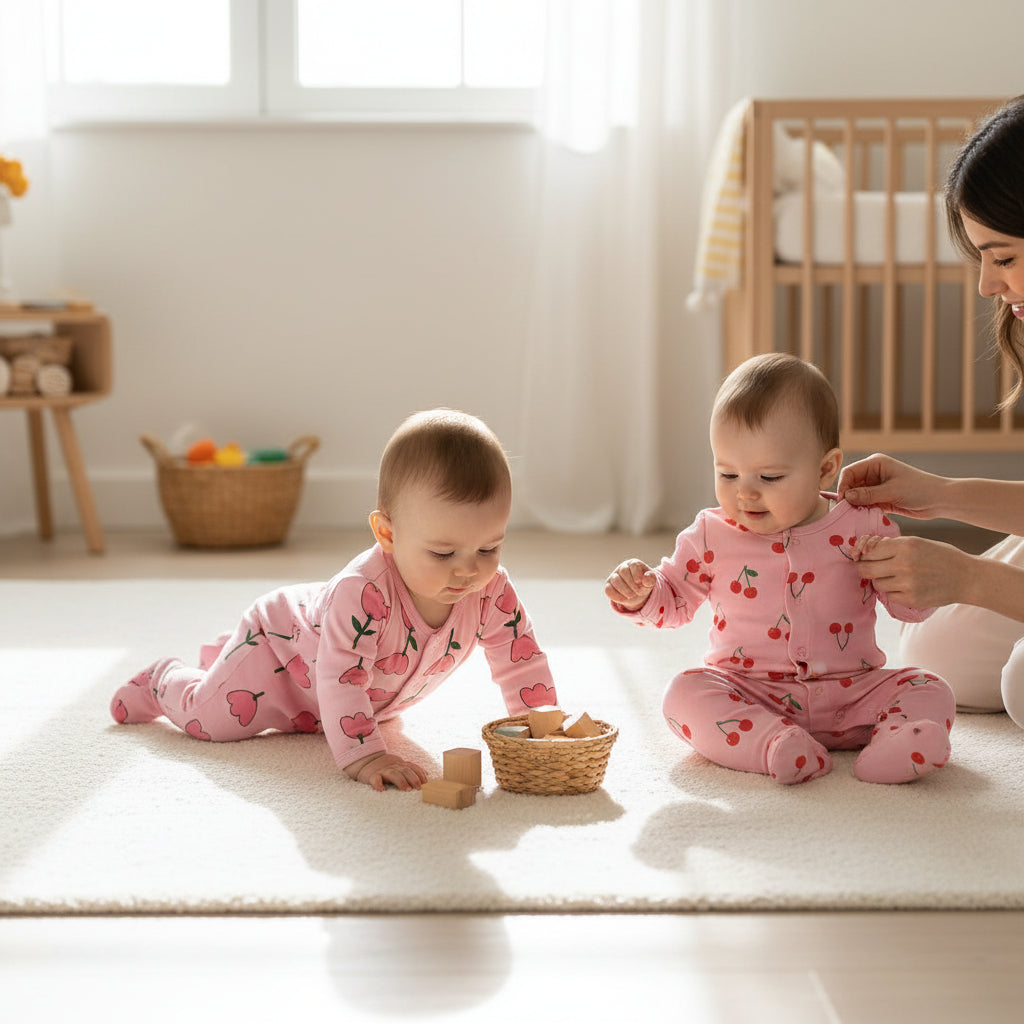 Organic Cotton Footed Pink Romper for Baby Girl - Pack of 2 (Rose & Cherry)