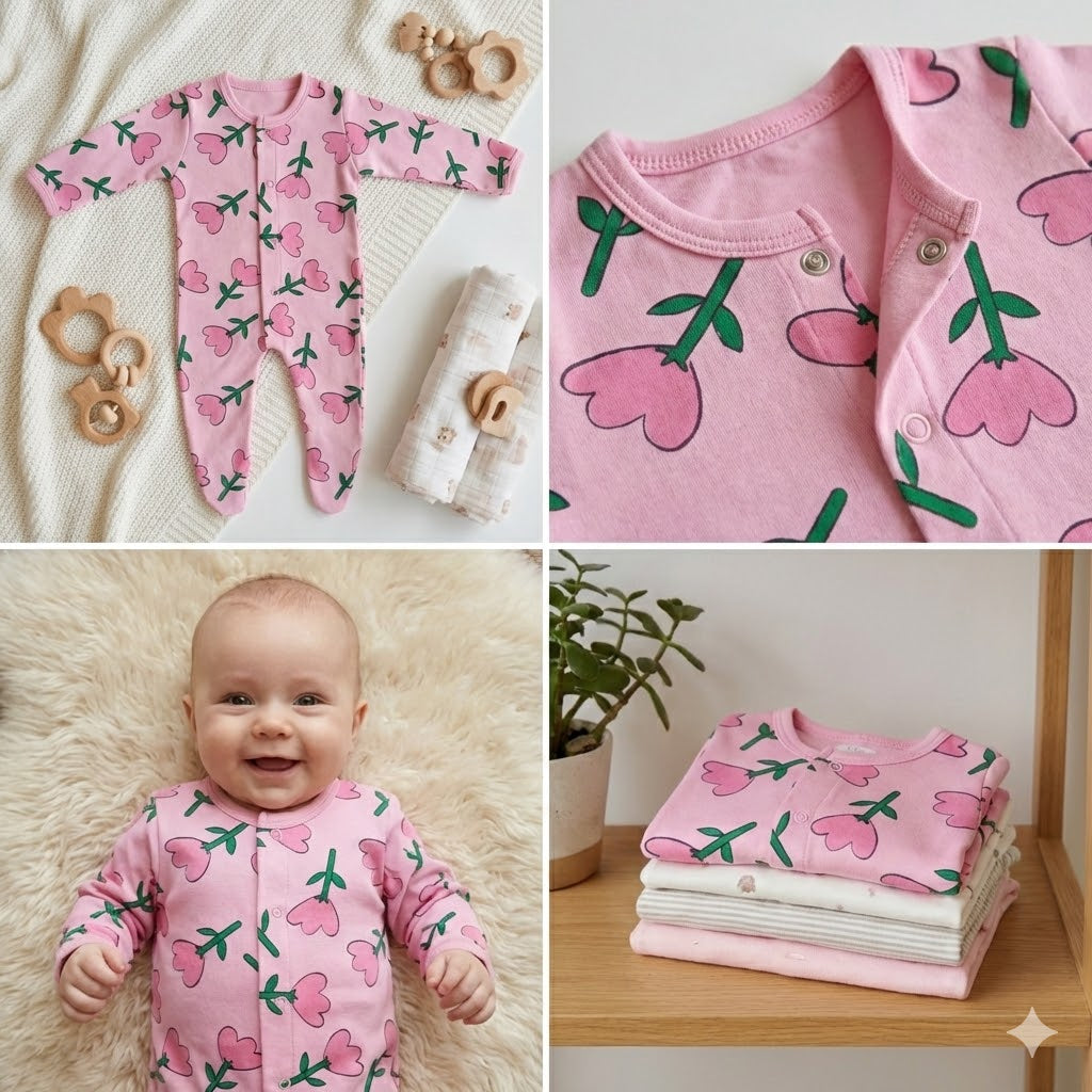 Organic Cotton Baby Girl Footed Baby Romper (Color - Pink Rose)